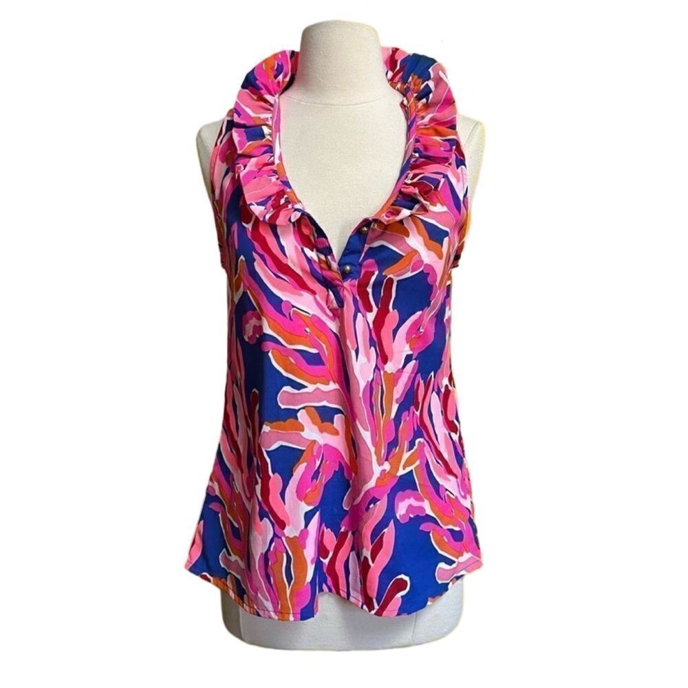 Southern Frock Neon Preppy Tropical Summer Pleated Ruffle Neck Blouse